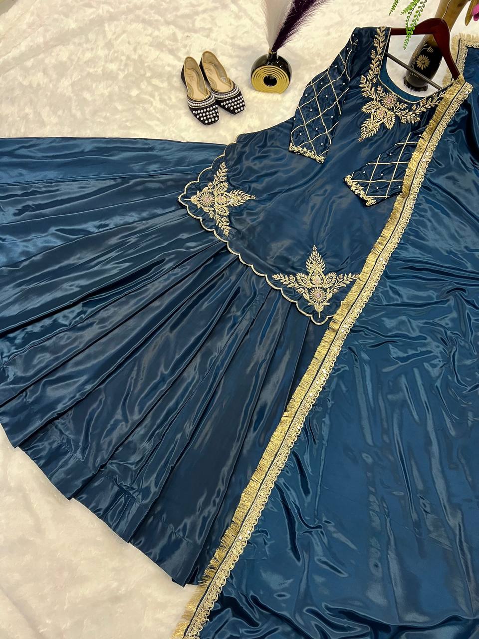 Exclusive Navy Color Natural Crepe Silk Bids Hand Work With Sequence With Embroidery And Zari Work Lehenga Suit