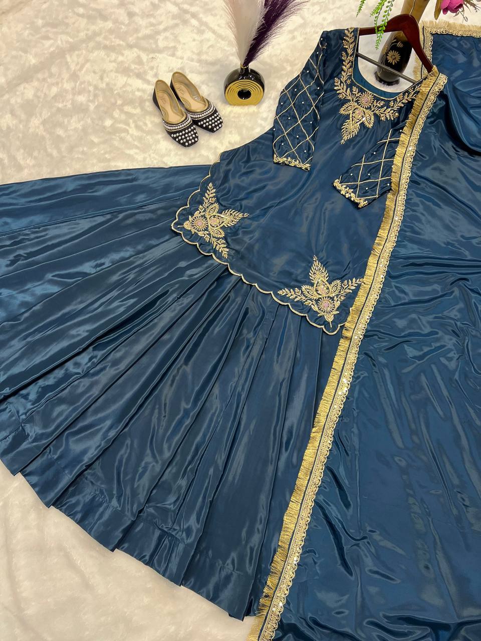 Exclusive Navy Color Natural Crepe Silk Bids Hand Work With Sequence With Embroidery And Zari Work Lehenga Suit