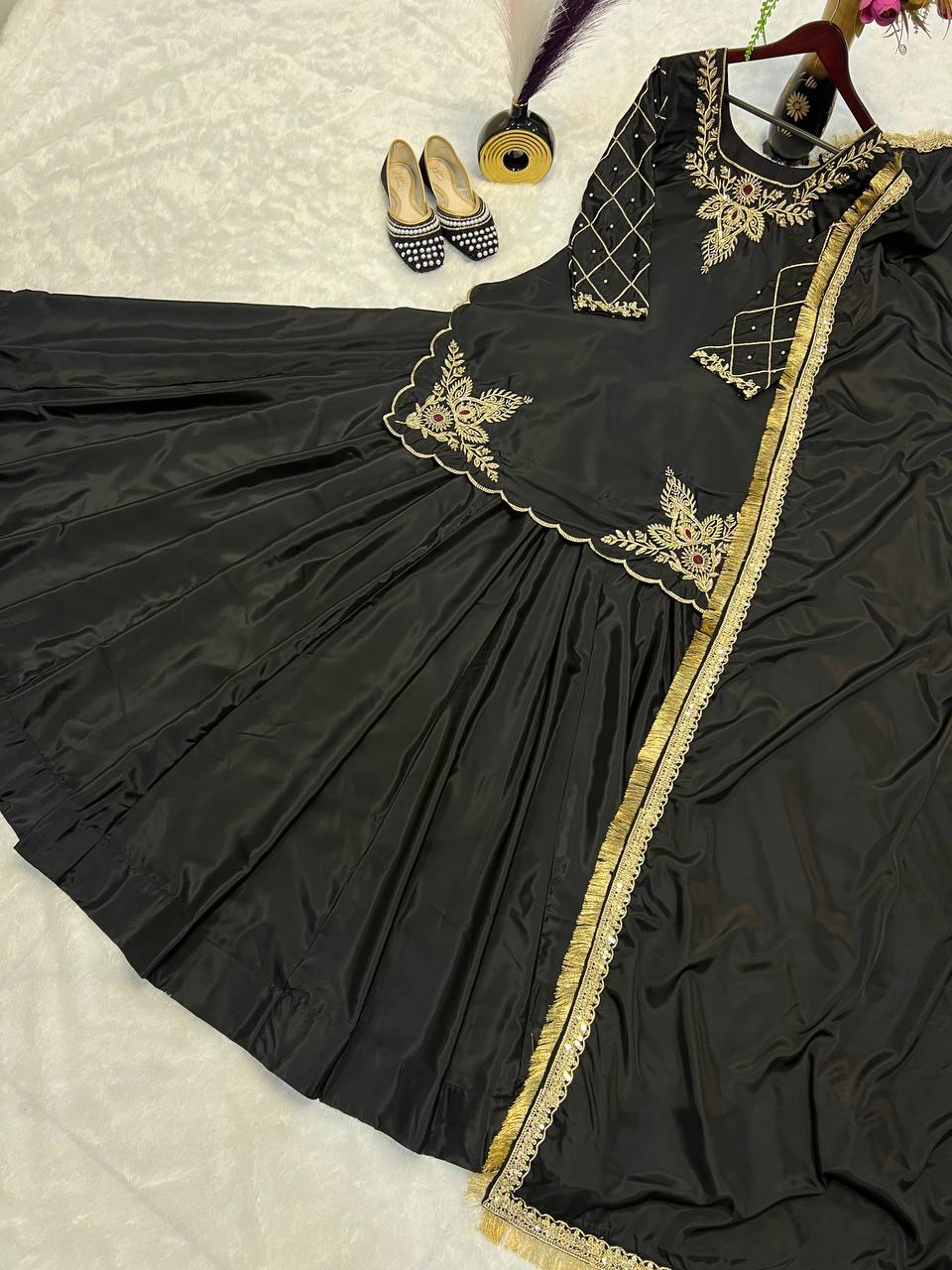Exclusive Black Color Natural Crepe Silk Bids Hand Work With Sequence With Embroidery And Zari Work Lehenga Suit