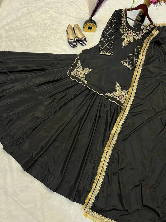 Exclusive Black Color Natural Crepe Silk Bids Hand Work With Sequence With Embroidery And Zari Work Lehenga Suit