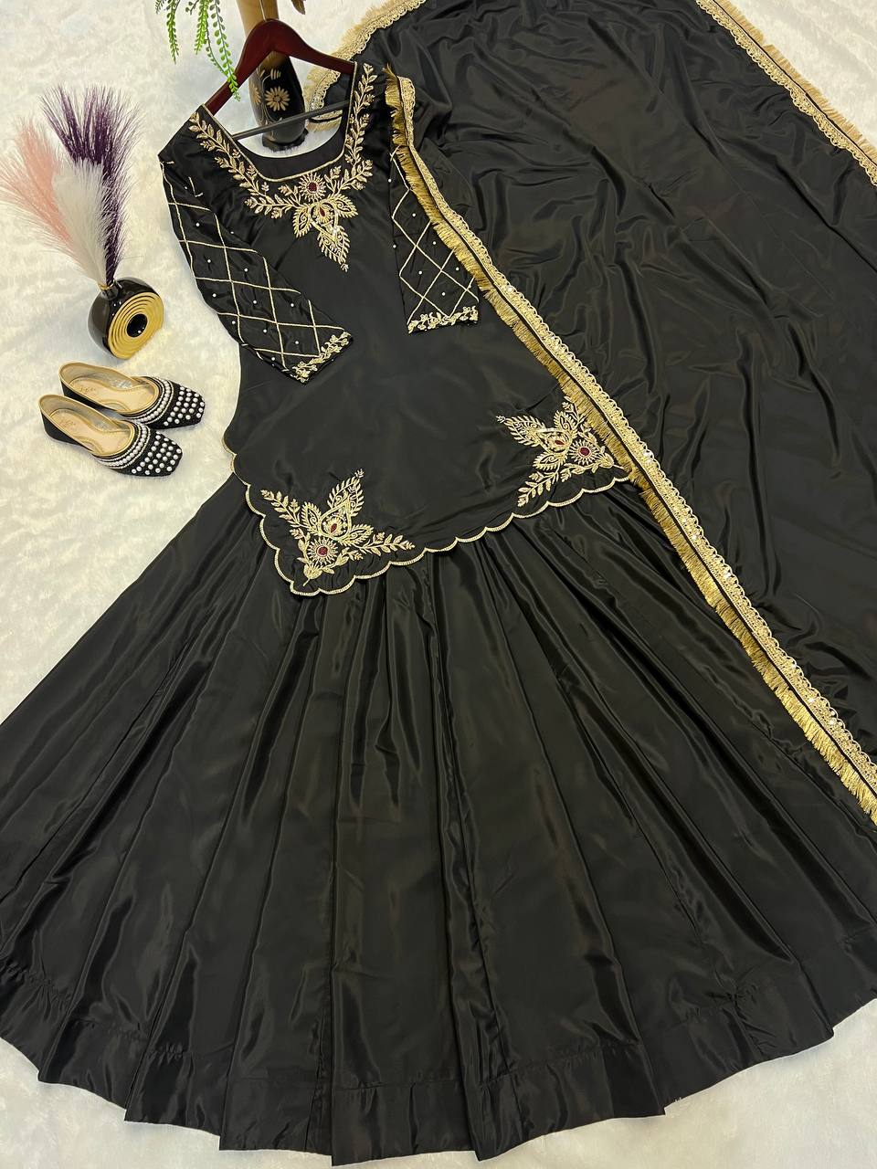 Exclusive Black Color Natural Crepe Silk Bids Hand Work With Sequence With Embroidery And Zari Work Lehenga Suit