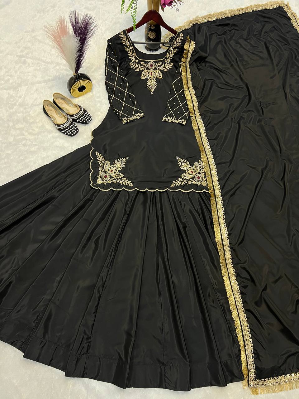 Exclusive Black Color Natural Crepe Silk Bids Hand Work With Sequence With Embroidery And Zari Work Lehenga Suit