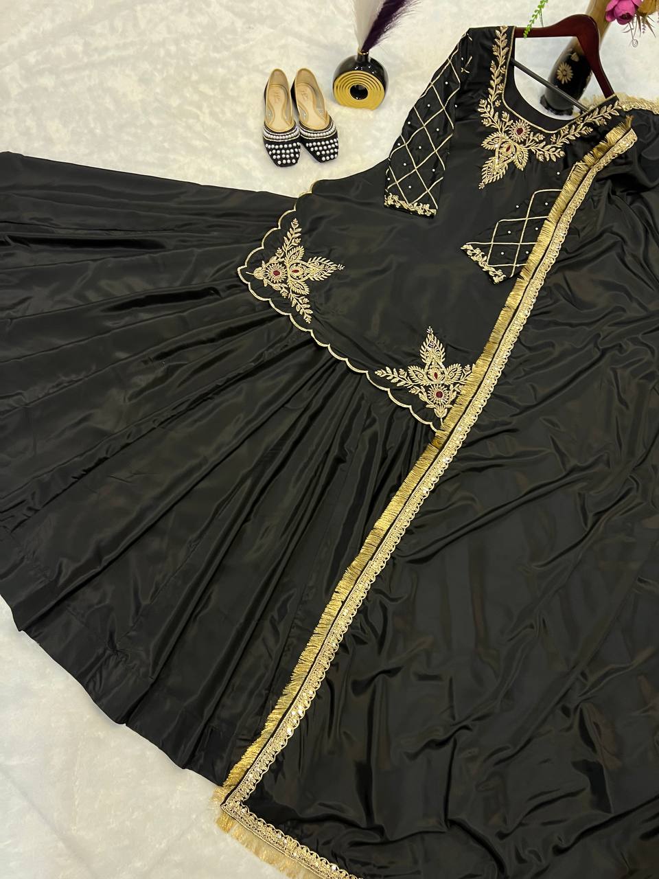 Exclusive Black Color Natural Crepe Silk Bids Hand Work With Sequence With Embroidery And Zari Work Lehenga Suit