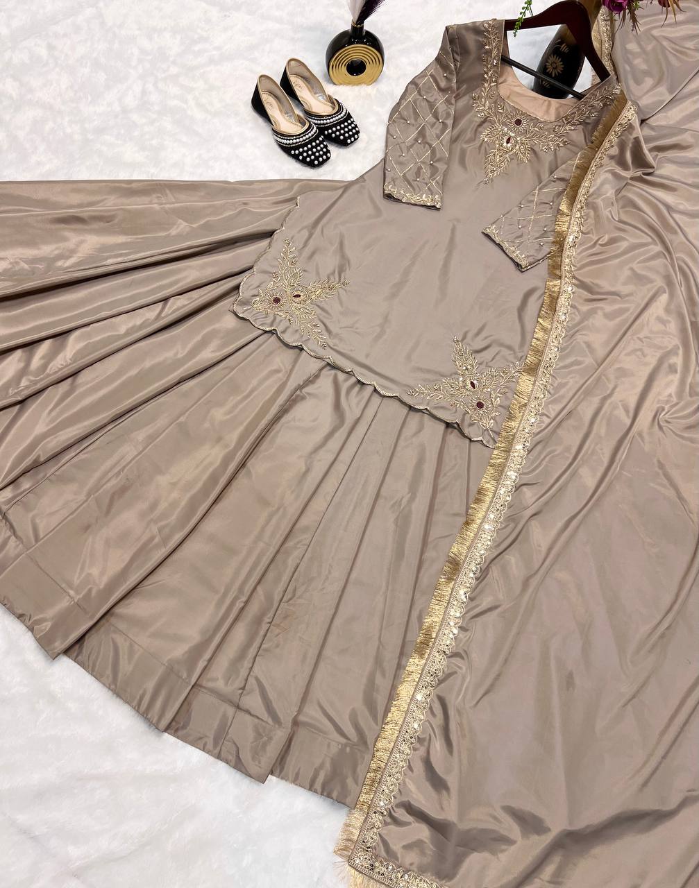 Exclusive Beige Color Natural Crepe Silk Bids Hand Work With Sequence With Embroidery And Zari Work Lehenga Suit