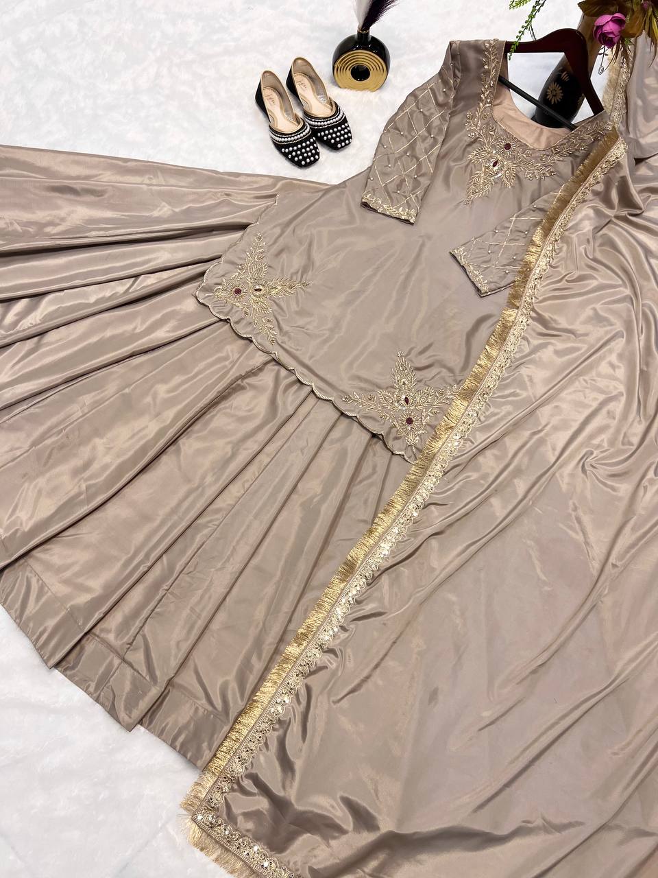 Exclusive Beige Color Natural Crepe Silk Bids Hand Work With Sequence With Embroidery And Zari Work Lehenga Suit