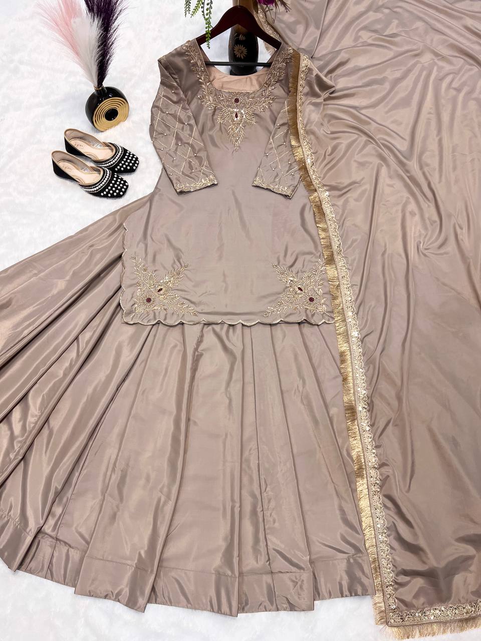 Exclusive Beige Color Natural Crepe Silk Bids Hand Work With Sequence With Embroidery And Zari Work Lehenga Suit
