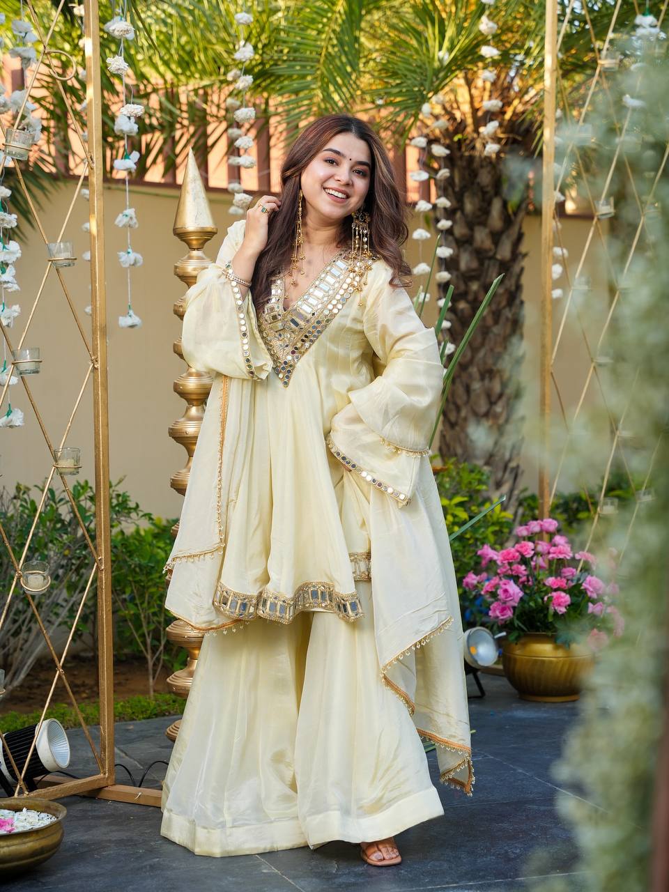 Wedding Wear Cream Color Cosmos Gold Jari Silk Real Mirror Neha's Sharara Set