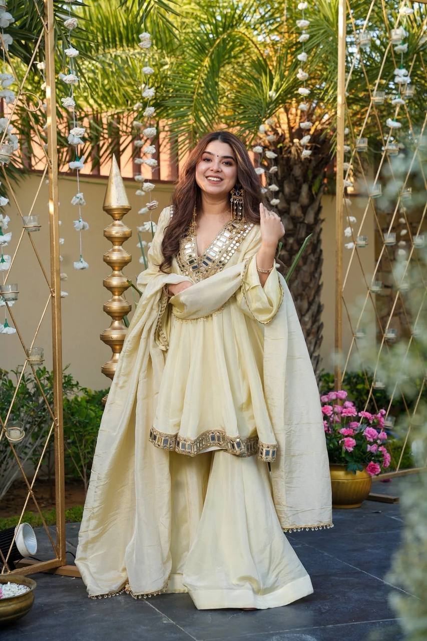 Wedding Wear Cream Color Cosmos Gold Jari Silk Real Mirror Neha's Sharara Set