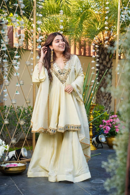 Wedding Wear Cream Color Cosmos Gold Jari Silk Real Mirror Neha's Sharara Set