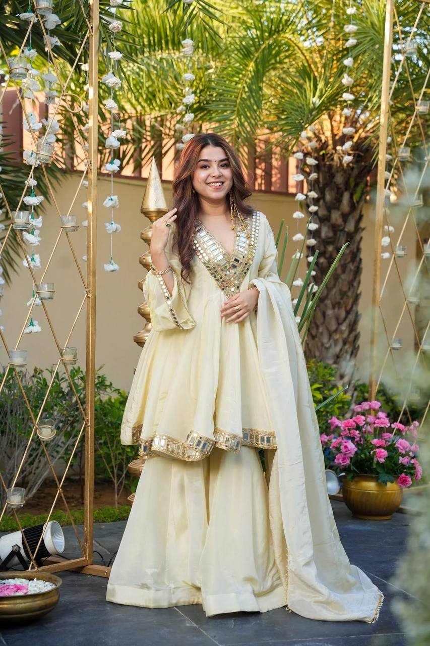 Wedding Wear Cream Color Cosmos Gold Jari Silk Real Mirror Neha's Sharara Set