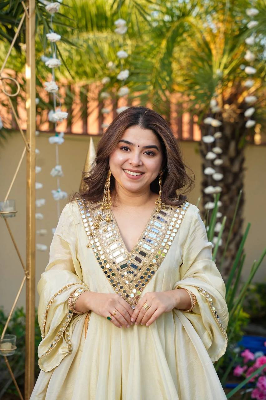 Wedding Wear Cream Color Cosmos Gold Jari Silk Real Mirror Neha's Sharara Set