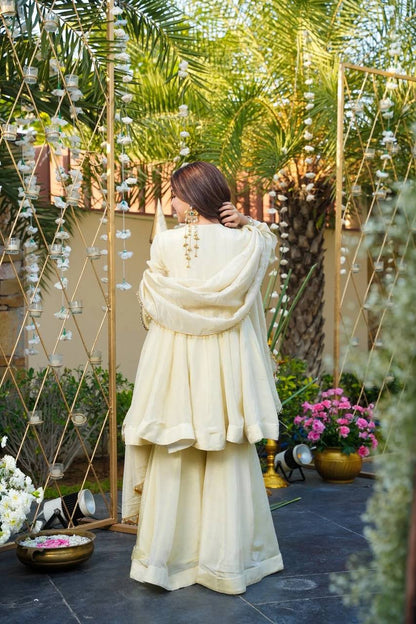 Wedding Wear Cream Color Cosmos Gold Jari Silk Real Mirror Neha's Sharara Set