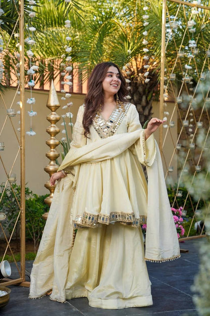 Wedding Wear Cream Color Cosmos Gold Jari Silk Real Mirror Neha's Sharara Set