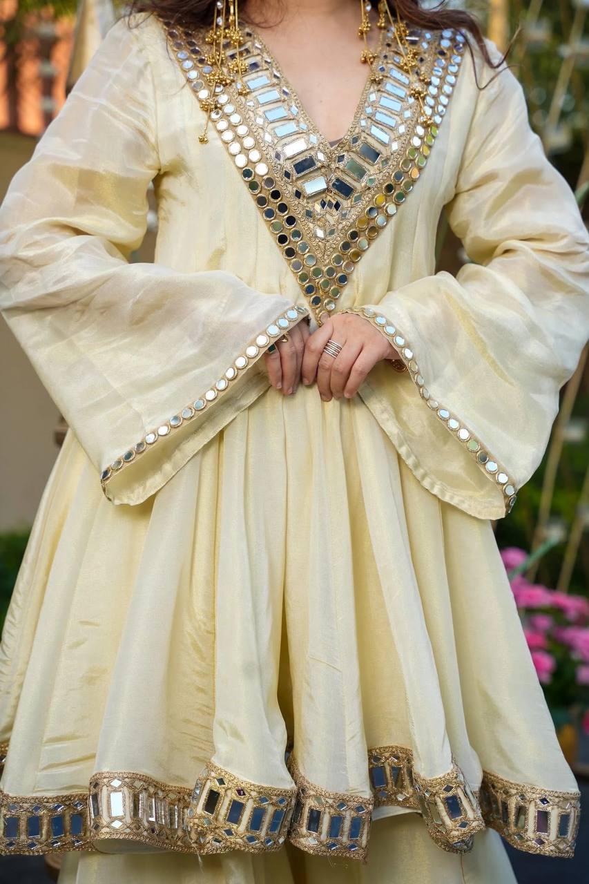 Wedding Wear Cream Color Cosmos Gold Jari Silk Real Mirror Neha's Sharara Set