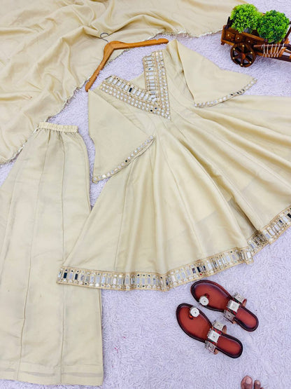 Wedding Wear Cream Color Cosmos Gold Jari Silk Real Mirror Neha's Sharara Set