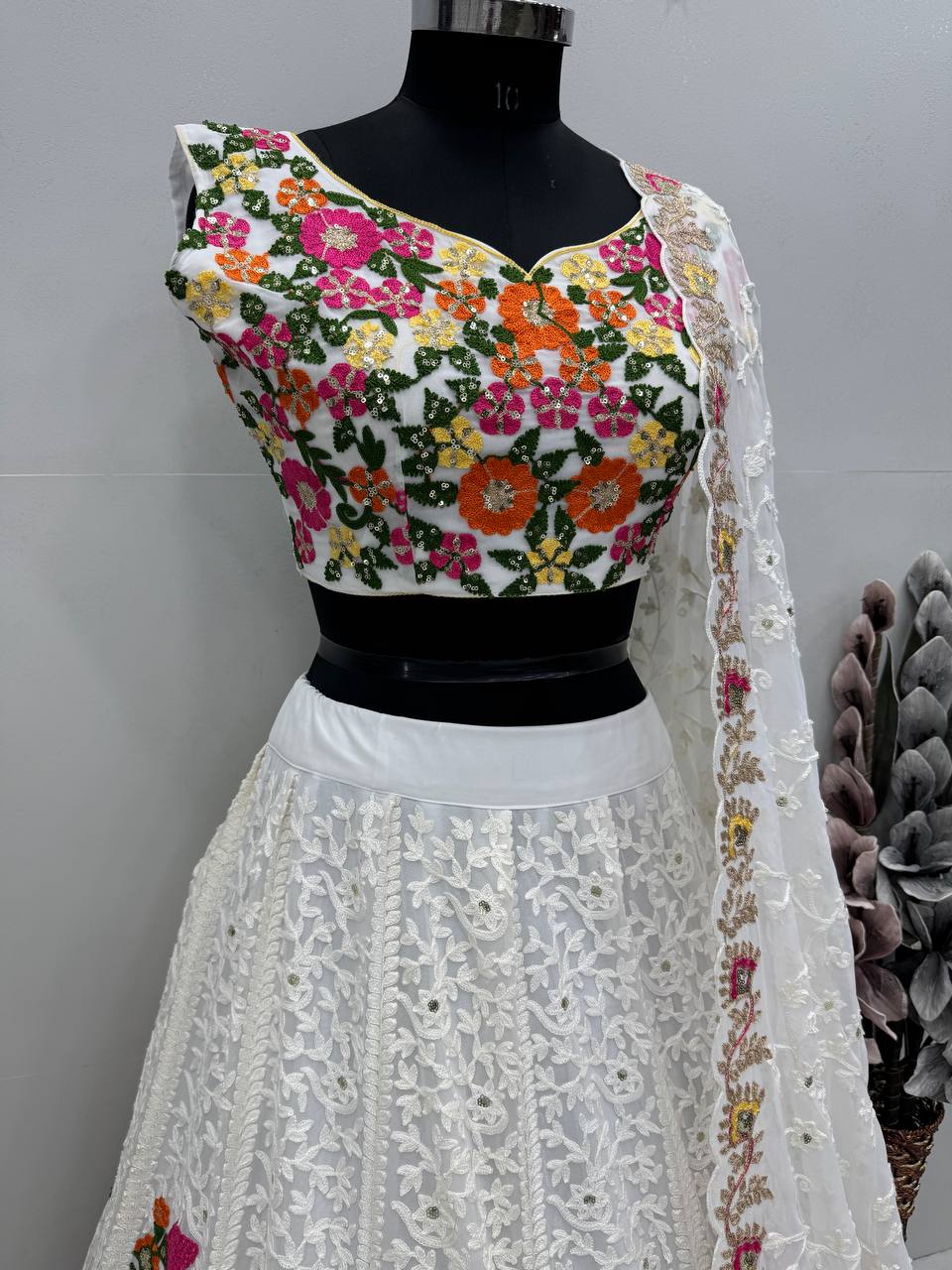 Delightful White Color Heavy Faux Georgette Chain Sequence Work Designer Lehenga Choli