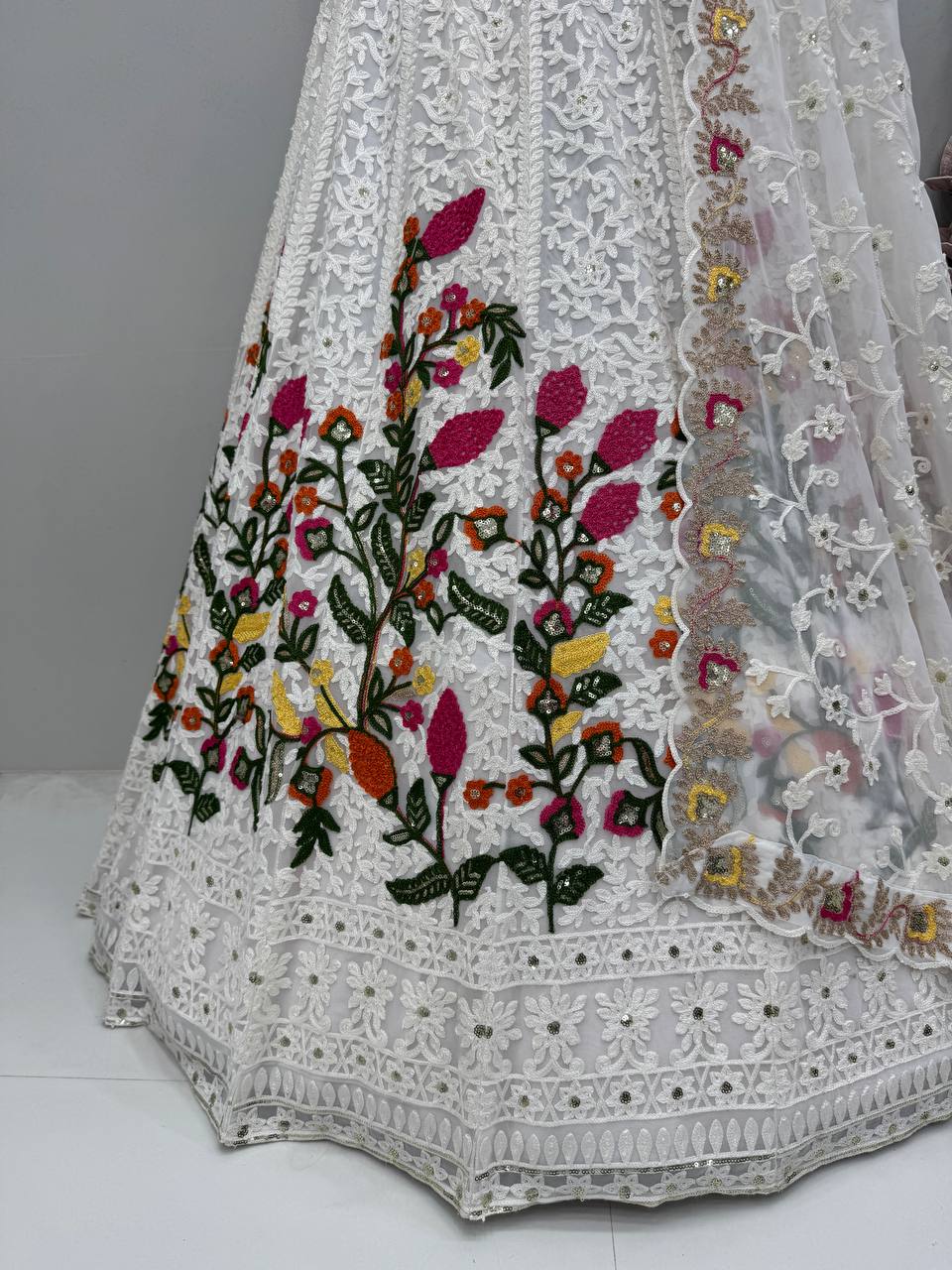 Delightful White Color Heavy Faux Georgette Chain Sequence Work Designer Lehenga Choli