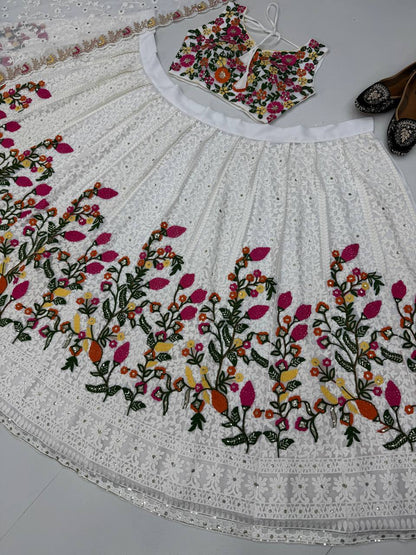 Delightful White Color Heavy Faux Georgette Chain Sequence Work Designer Lehenga Choli