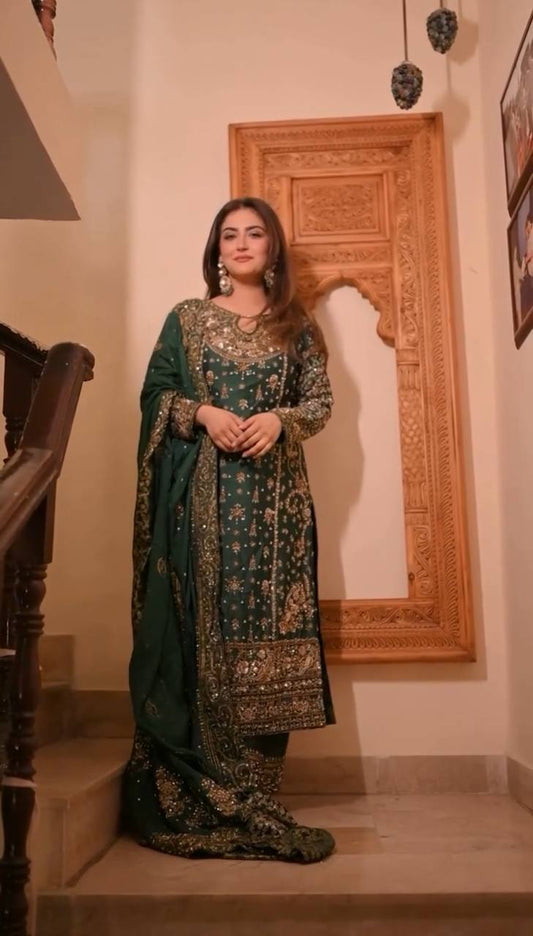 Wedding Wear Green Color Designer Pakistani Wear Kurti Pent Set