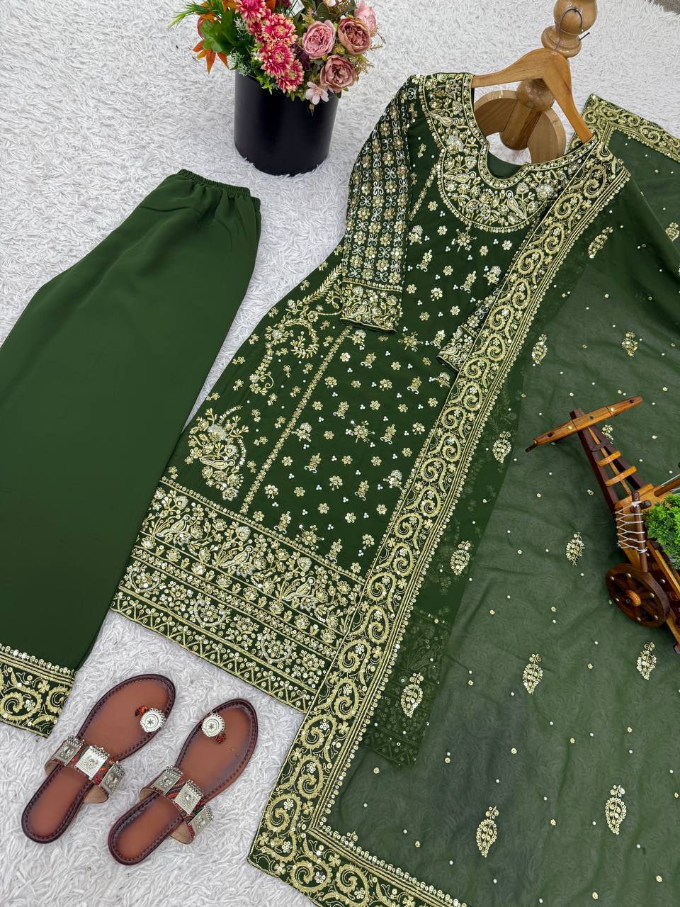 Wedding Wear Green Color Designer Pakistani Wear Kurti Pent Set