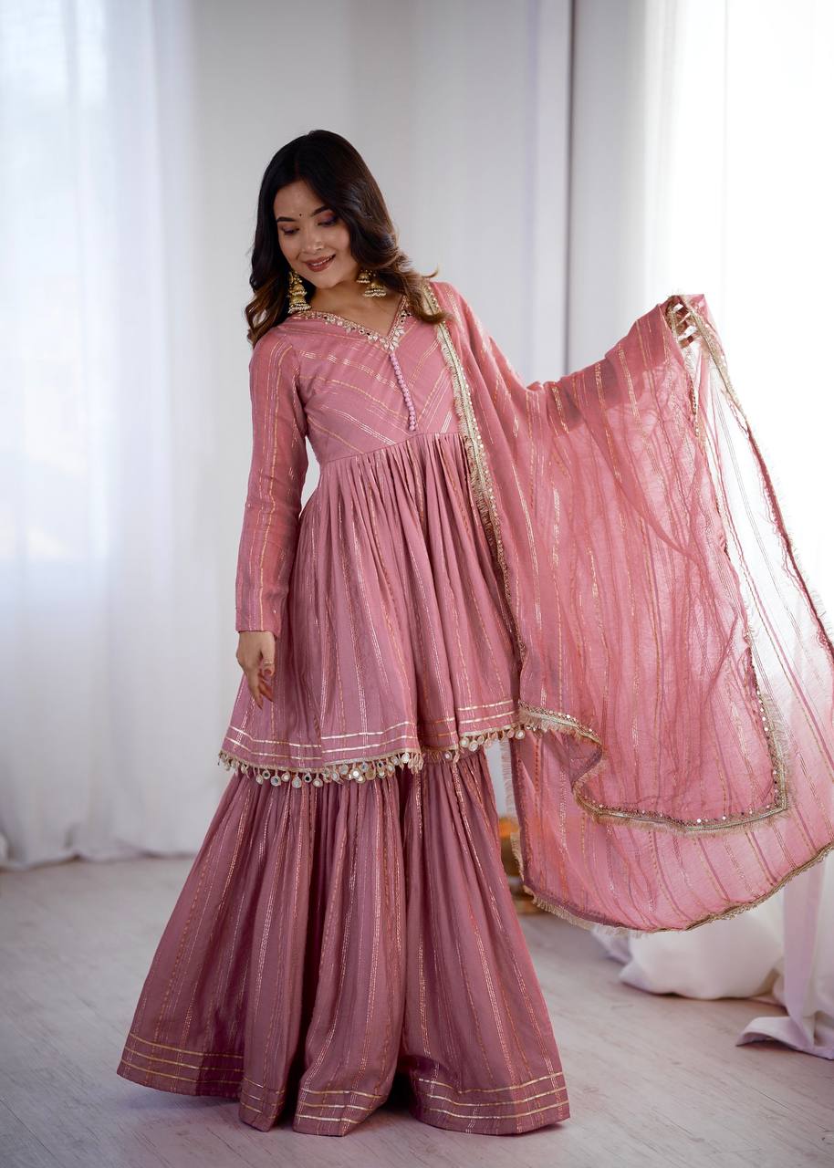 Arti Chauhan Wear Peach Color Handwork Designer Sharara Suit