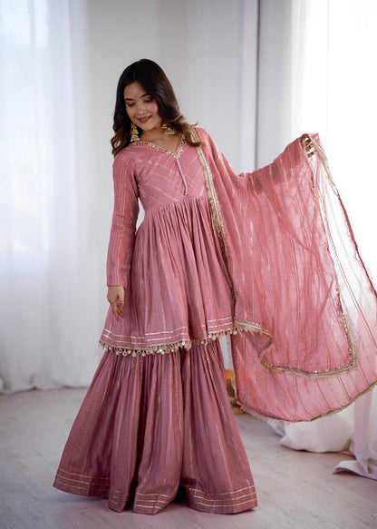 Arti Chauhan Wear Peach Color Handwork Designer Sharara Suit