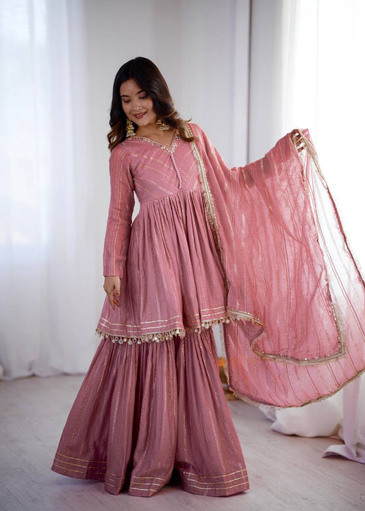 Arti Chauhan Wear Peach Color Handwork Designer Sharara Suit
