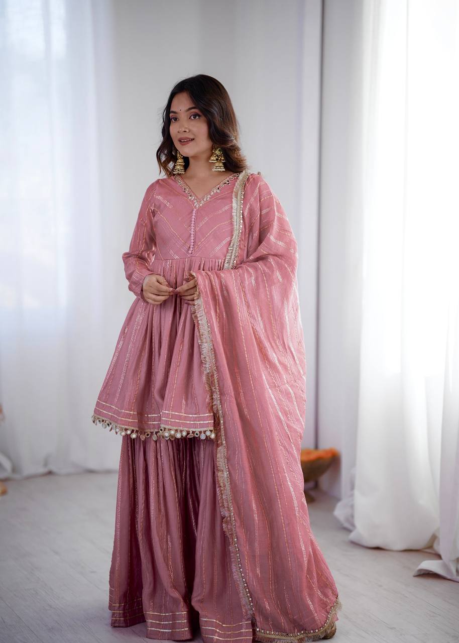 Arti Chauhan Wear Peach Color Handwork Designer Sharara Suit