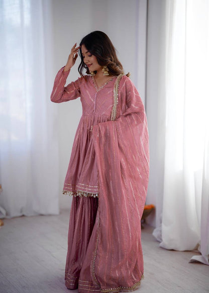 Arti Chauhan Wear Peach Color Handwork Designer Sharara Suit