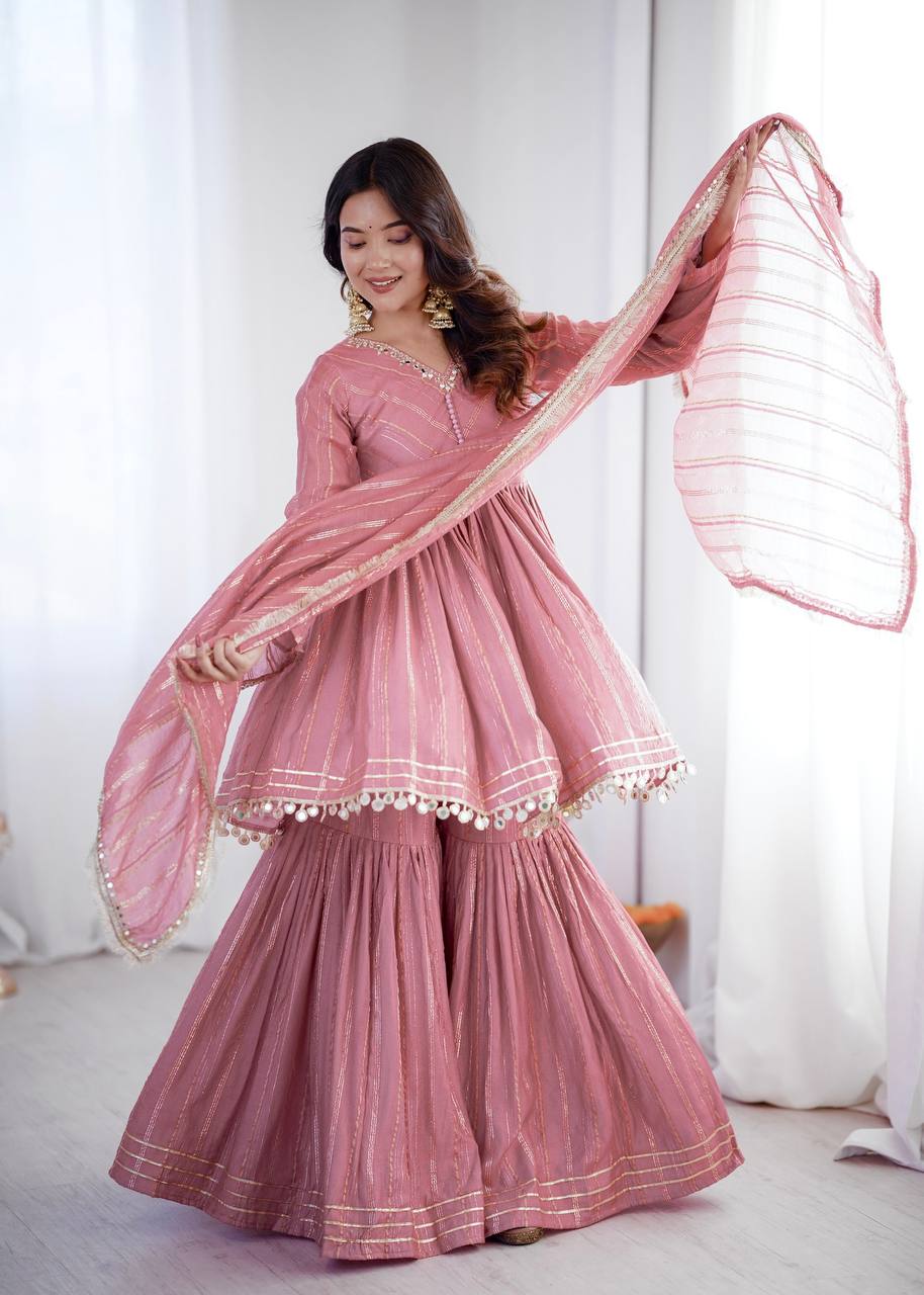 Arti Chauhan Wear Peach Color Handwork Designer Sharara Suit