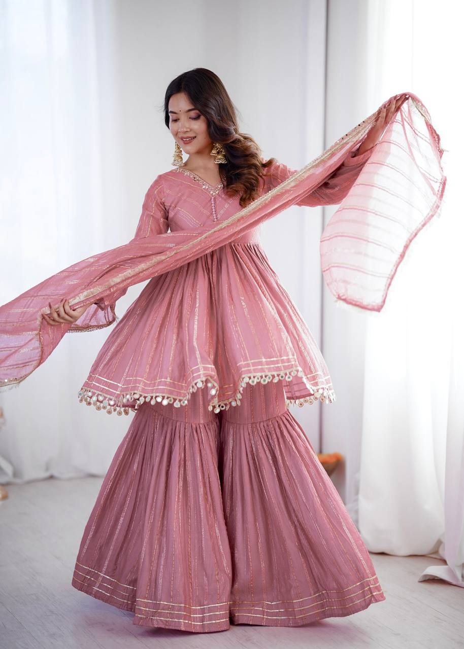 Arti Chauhan Wear Peach Color Handwork Designer Sharara Suit