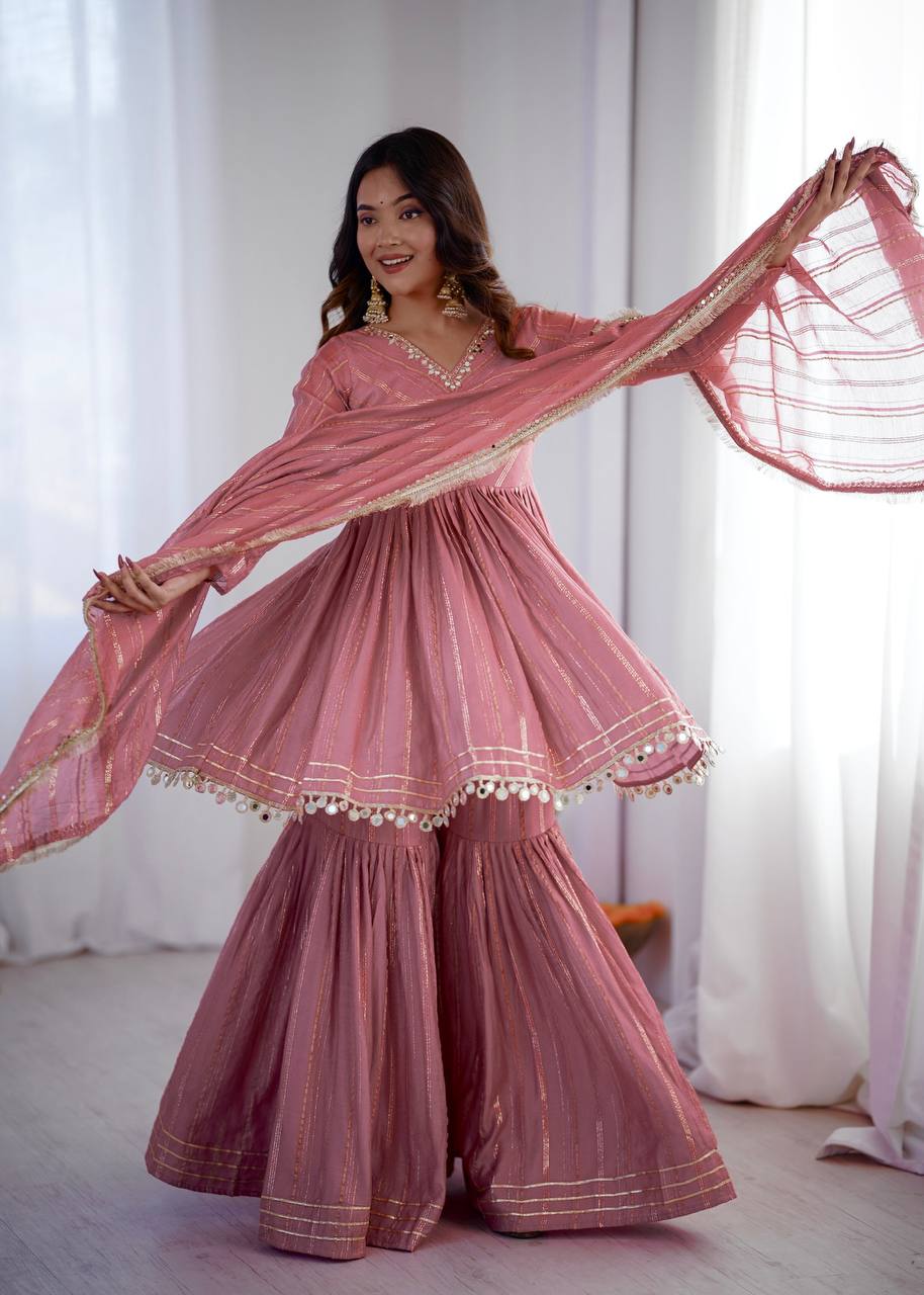 Arti Chauhan Wear Peach Color Handwork Designer Sharara Suit