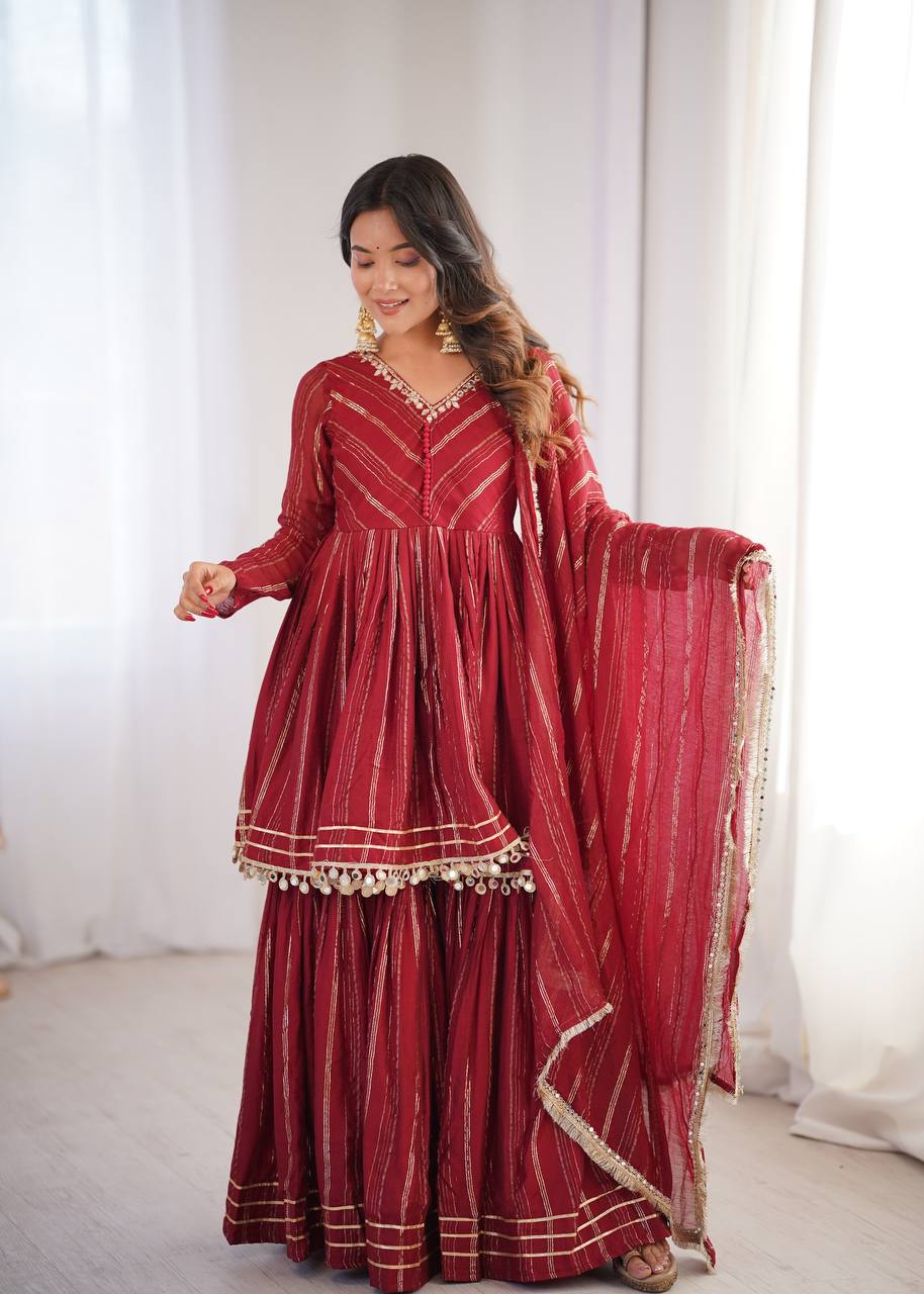 Arti Chauhan Wear Red Color Handwork Designer Sharara Suit