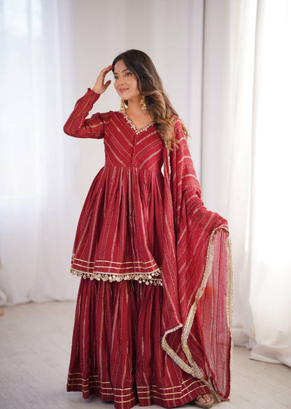 Arti Chauhan Wear Red Color Handwork Designer Sharara Suit