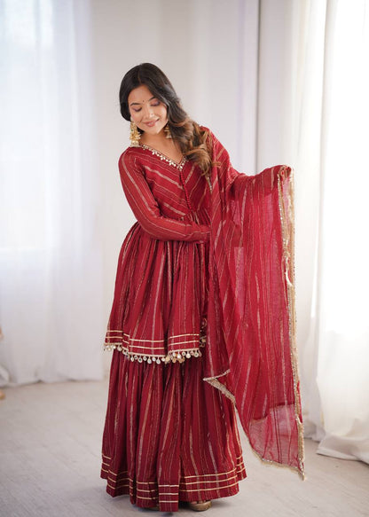 Arti Chauhan Wear Red Color Handwork Designer Sharara Suit