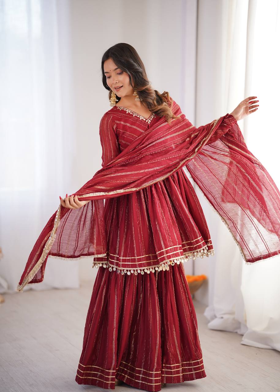Arti Chauhan Wear Red Color Handwork Designer Sharara Suit