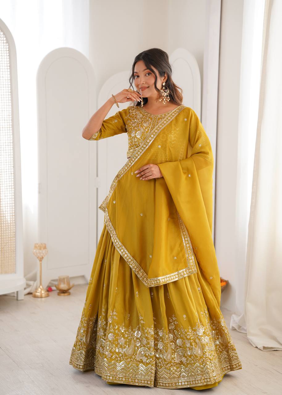 Wedding Wear Yellow Color Simmer Silk Lehenga Set