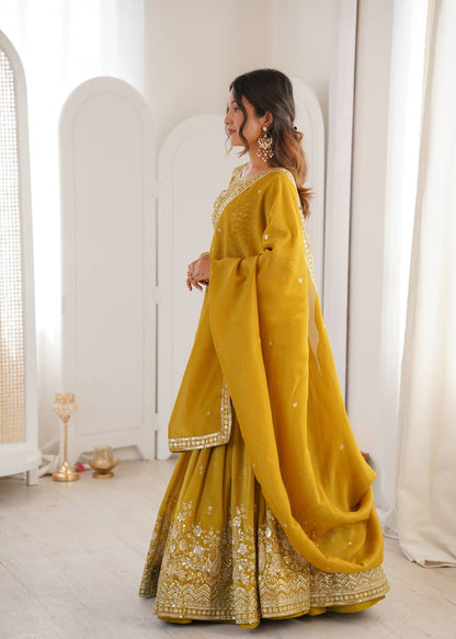 Wedding Wear Yellow Color Simmer Silk Lehenga Set