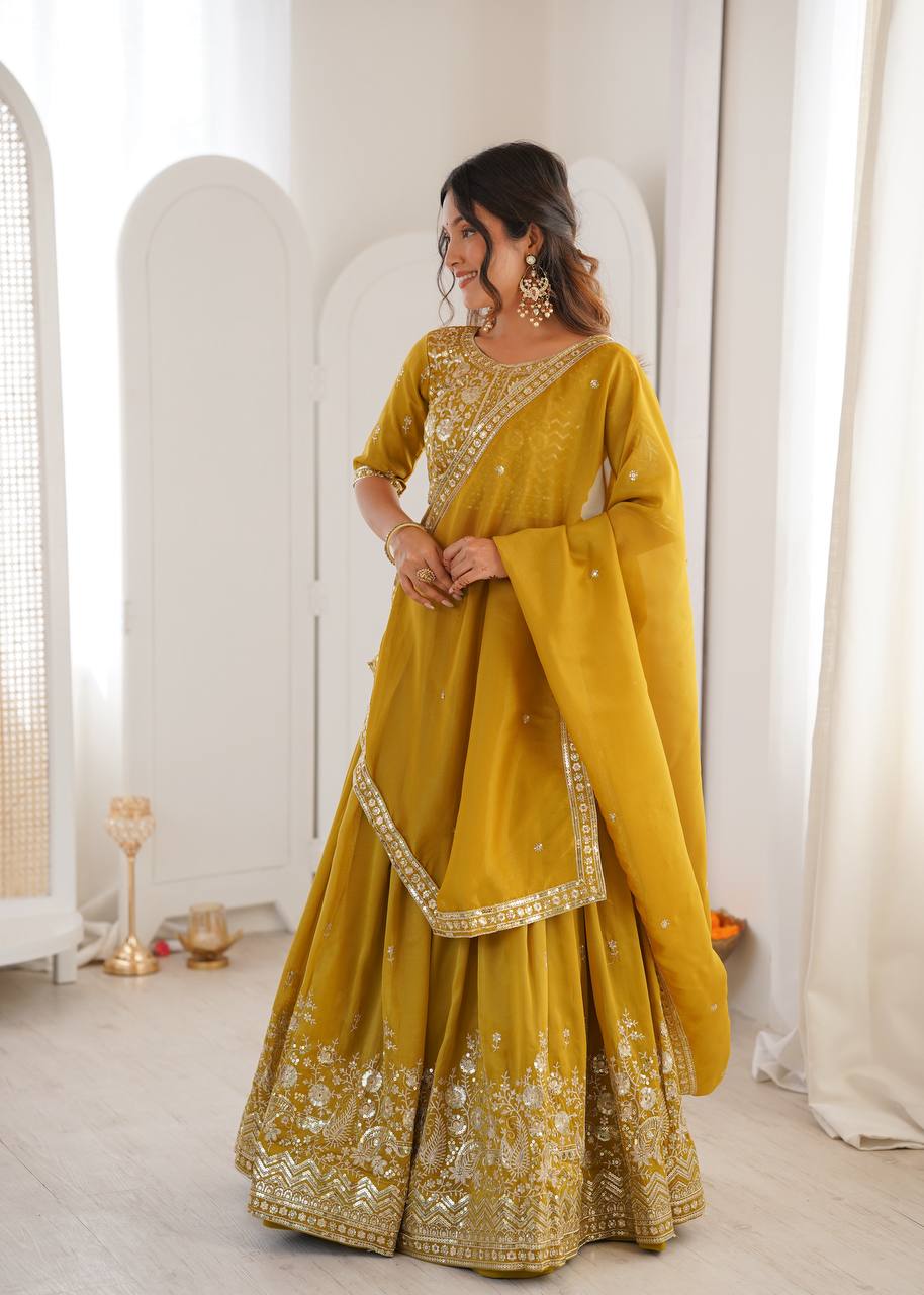 Wedding Wear Yellow Color Simmer Silk Lehenga Set