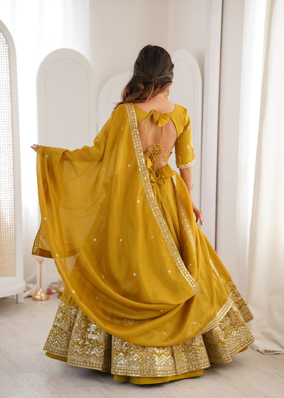 Wedding Wear Yellow Color Simmer Silk Lehenga Set
