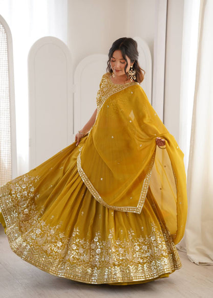 Wedding Wear Yellow Color Simmer Silk Lehenga Set