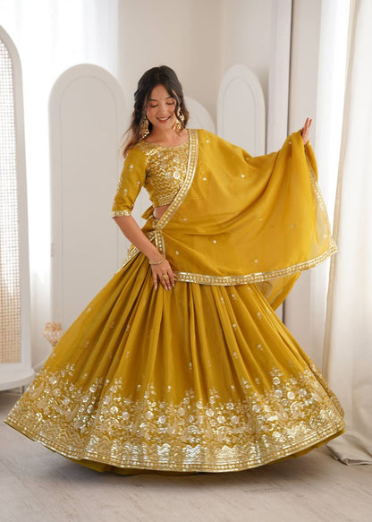 Wedding Wear Yellow Color Simmer Silk Lehenga Set