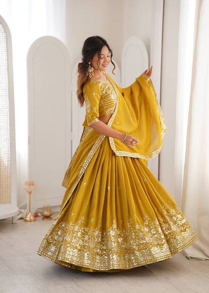 Wedding Wear Yellow Color Simmer Silk Lehenga Set