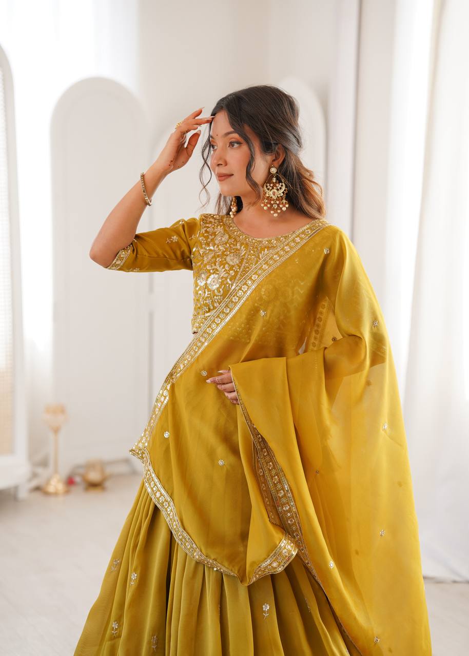 Wedding Wear Yellow Color Simmer Silk Lehenga Set