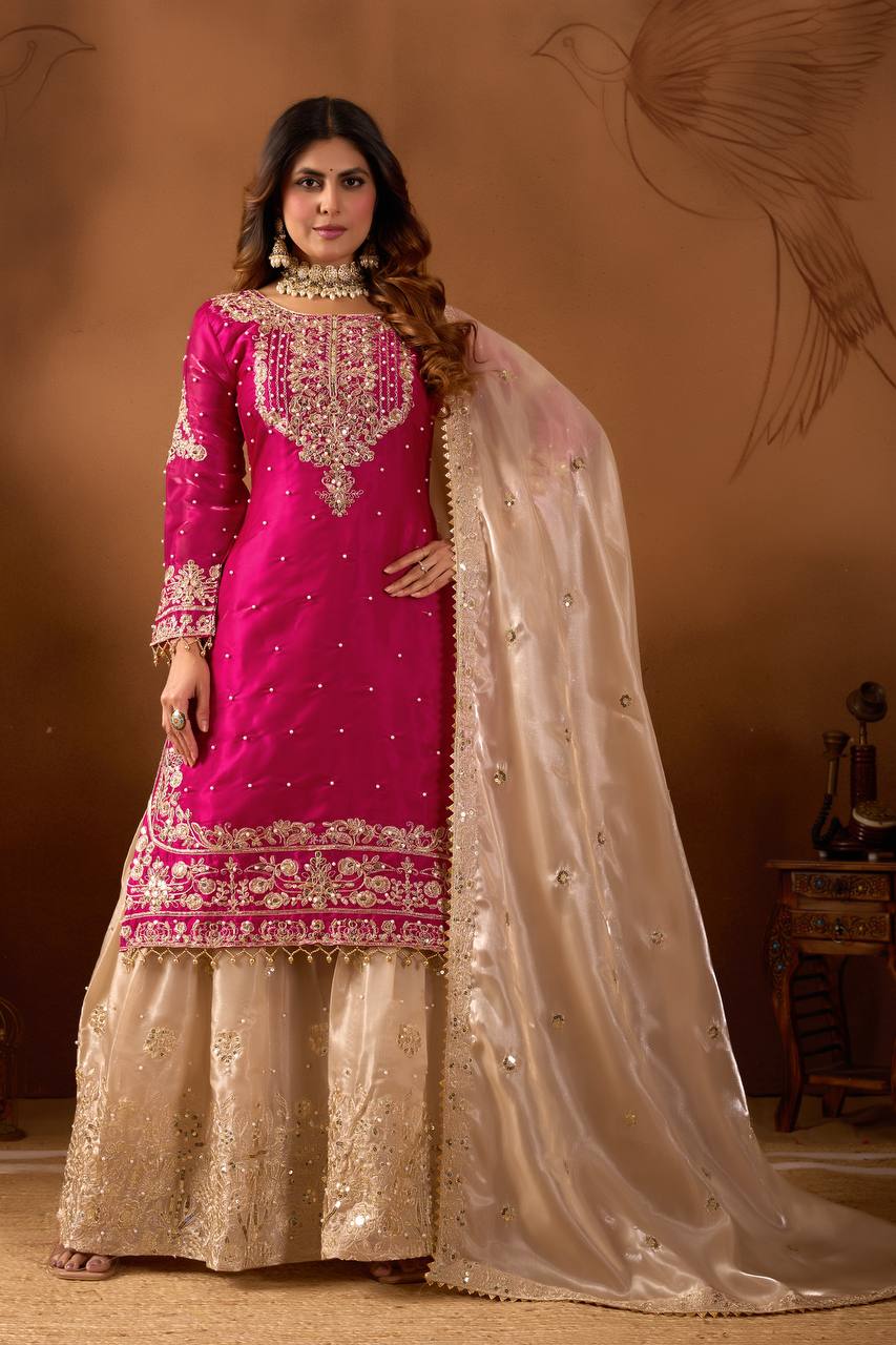Festive Wear Pink Color Embroidered Top With Palazzo Suit