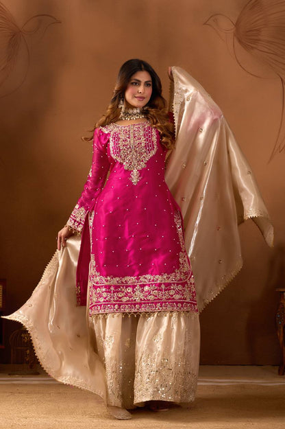 Festive Wear Pink Color Embroidered Top With Palazzo Suit