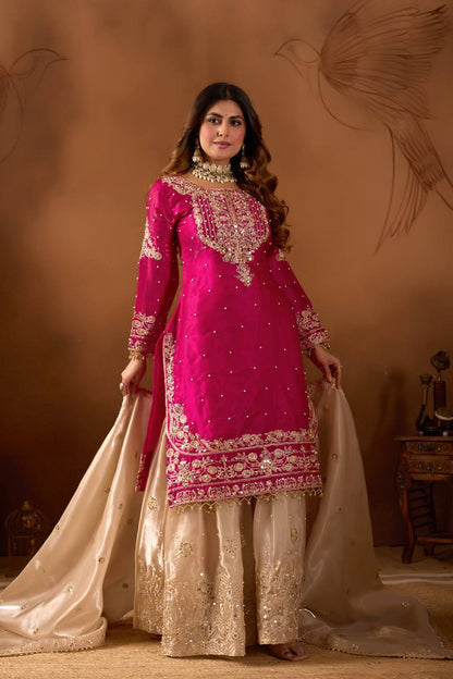 Festive Wear Pink Color Embroidered Top With Palazzo Suit