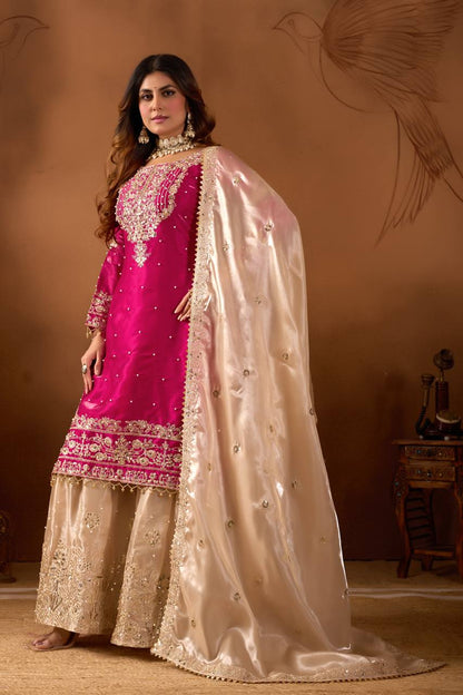 Festive Wear Pink Color Embroidered Top With Palazzo Suit