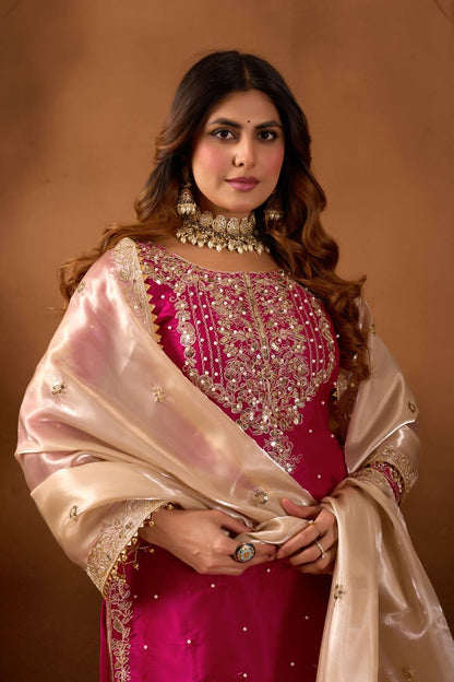 Festive Wear Pink Color Embroidered Top With Palazzo Suit