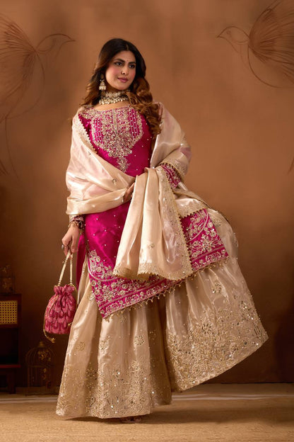 Festive Wear Pink Color Embroidered Top With Palazzo Suit